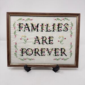 Vintage Needlepoint Handstitched “Families Are Forever” Framed Wall Decor 1970s